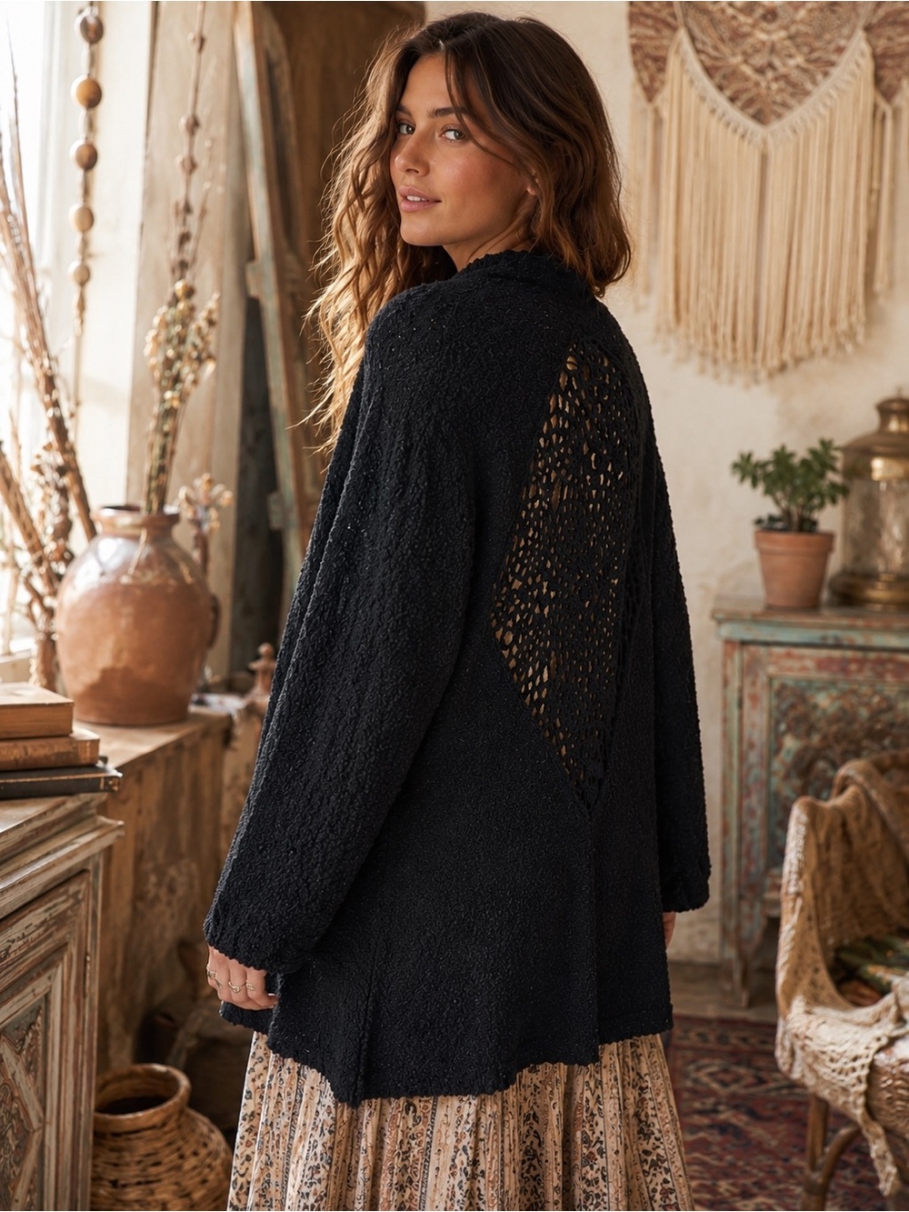Dolce Cabo Black Chenille Crochet Lace Open Front Cardigan XL Boho Chic